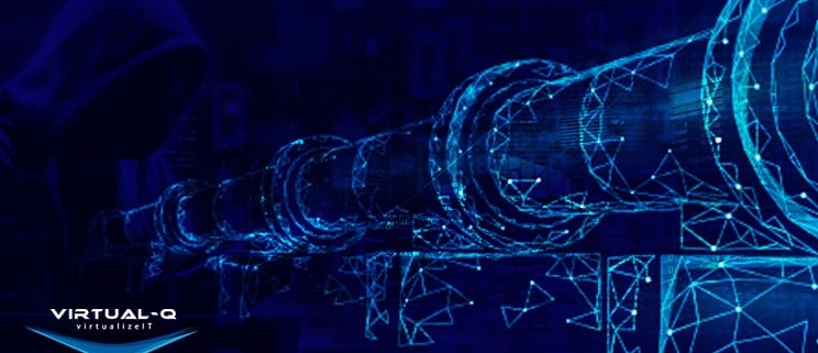light blue illustrated pipeline graphic on dark blue background