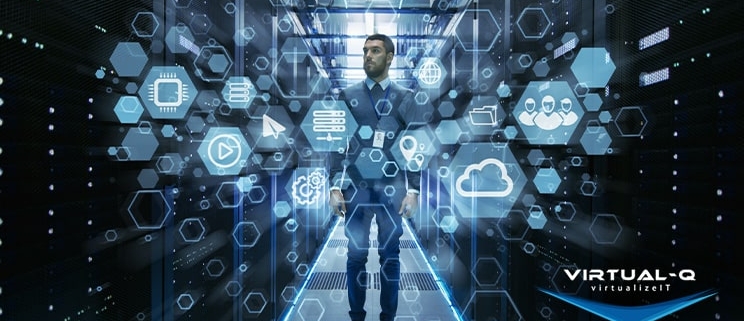 FutureTranz_May_LinkedIn2 man in suit standing in data center behind hexagonal IT graphics