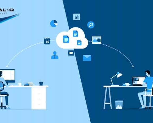 animated graphic of two workers in separate locations using computers to collaborate