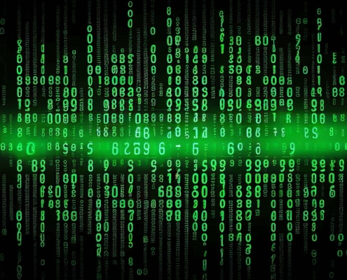 Data from a digital stream or binary code on a matrix background, with vector digits from virtual security technology